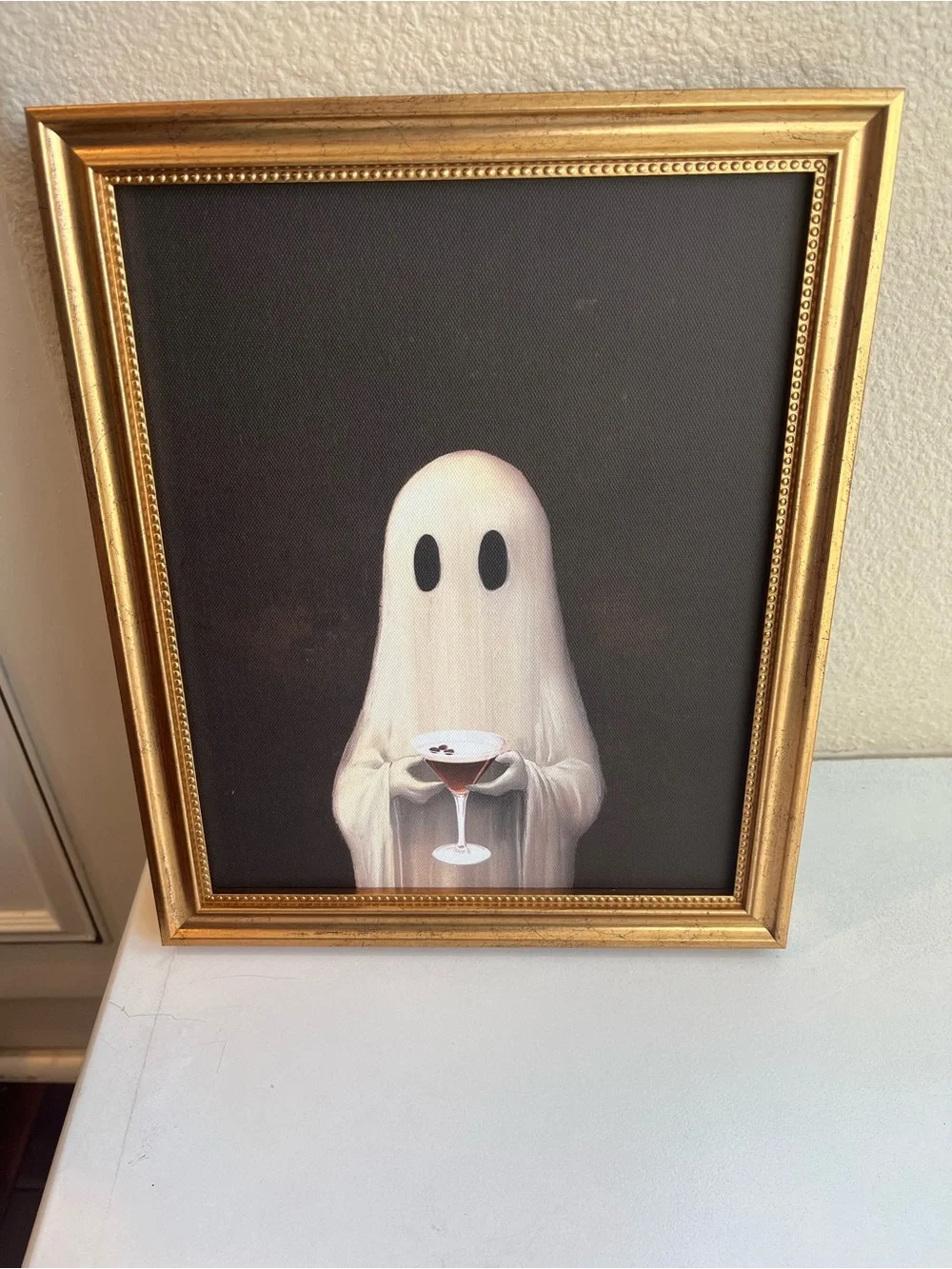 Halloween Ghost with Martini Cocktail Framed Canvas Art